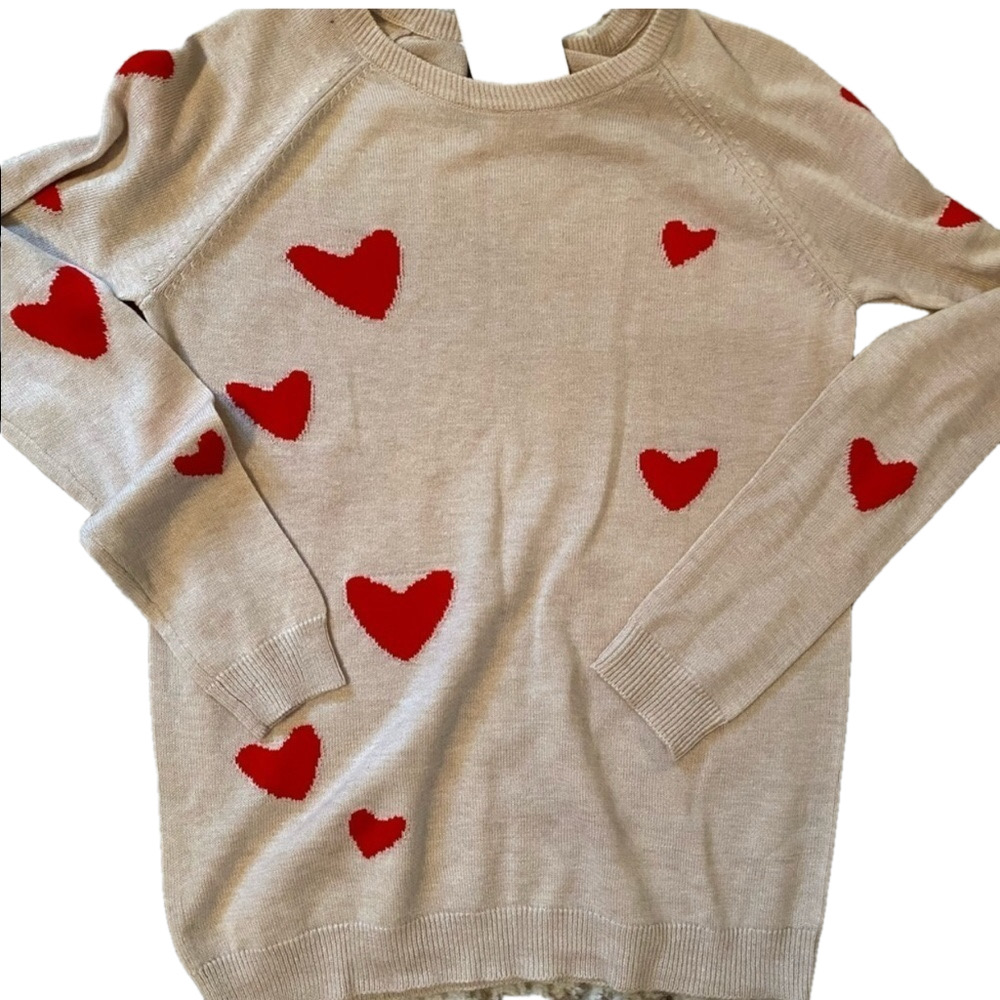 Cream Sweater with Red Heart Motif - Women's Long Sleeve Top